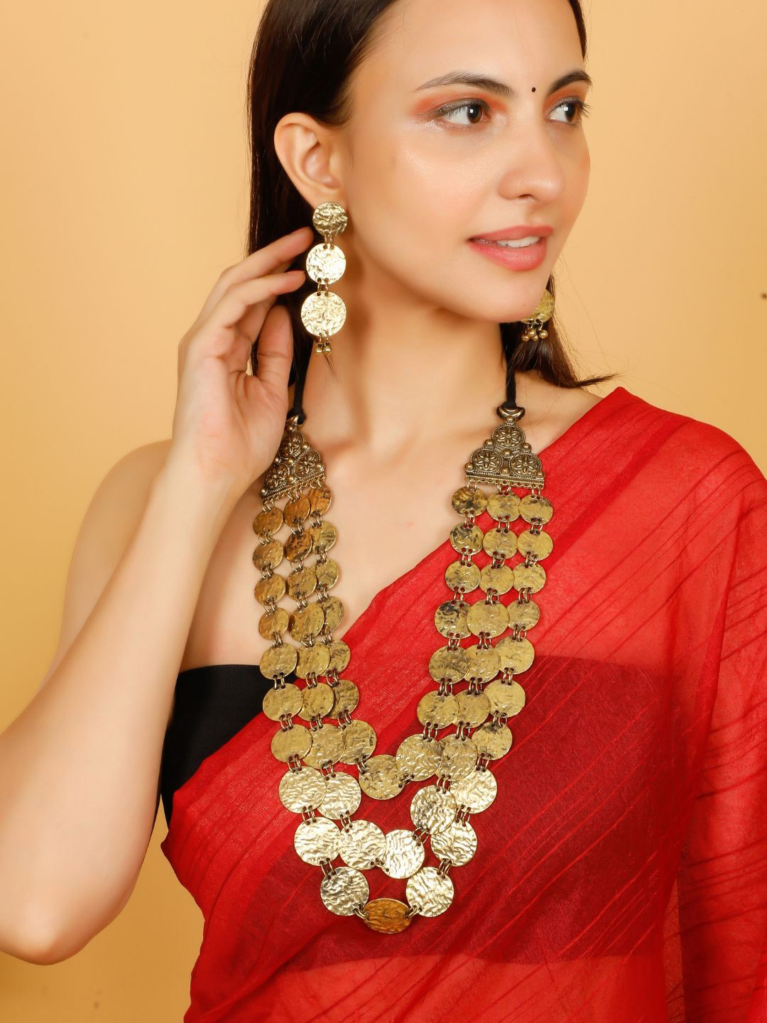 VIVAZS Gold Oxidised Multi Coin Motif Layered Long Necklace With Drop Earrings Set.