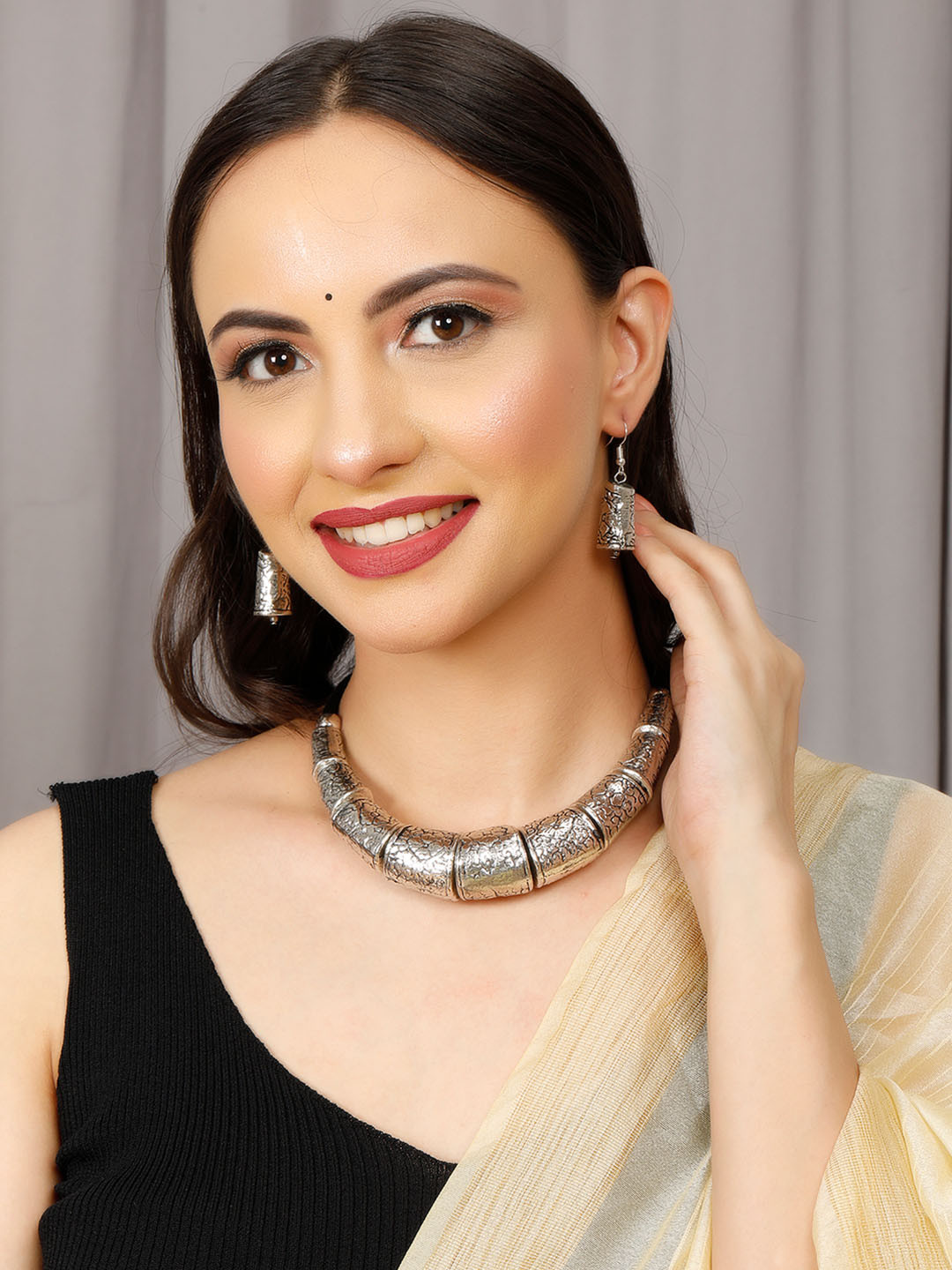 VIVAZS Antique Silver Oxidised Engraved Hasli Necklace With Drop Earrings