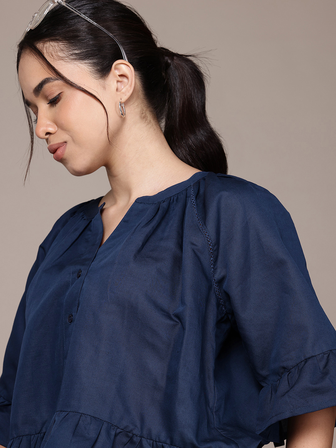 Nautica Mandarin Collar Lace Insert Flared Sleeve Top