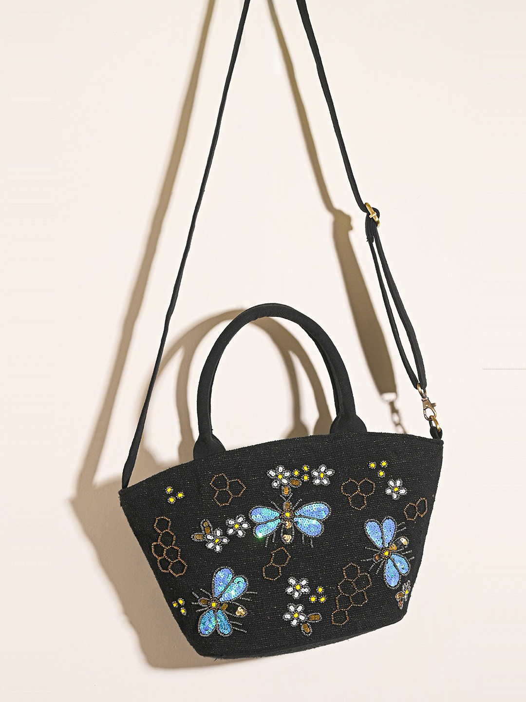 BohoGirl Floral Embellished Butterfly Structured Cotton Handheld Bag