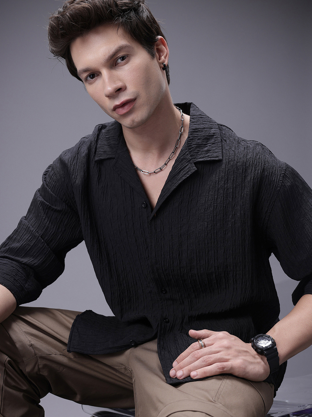 SOKO STREET Self Design Textured Relaxed Fit Shirt