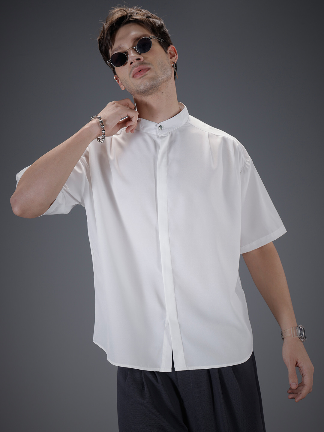 SOKO STREET Band Collar Drop Shoulder Oversized Shirt