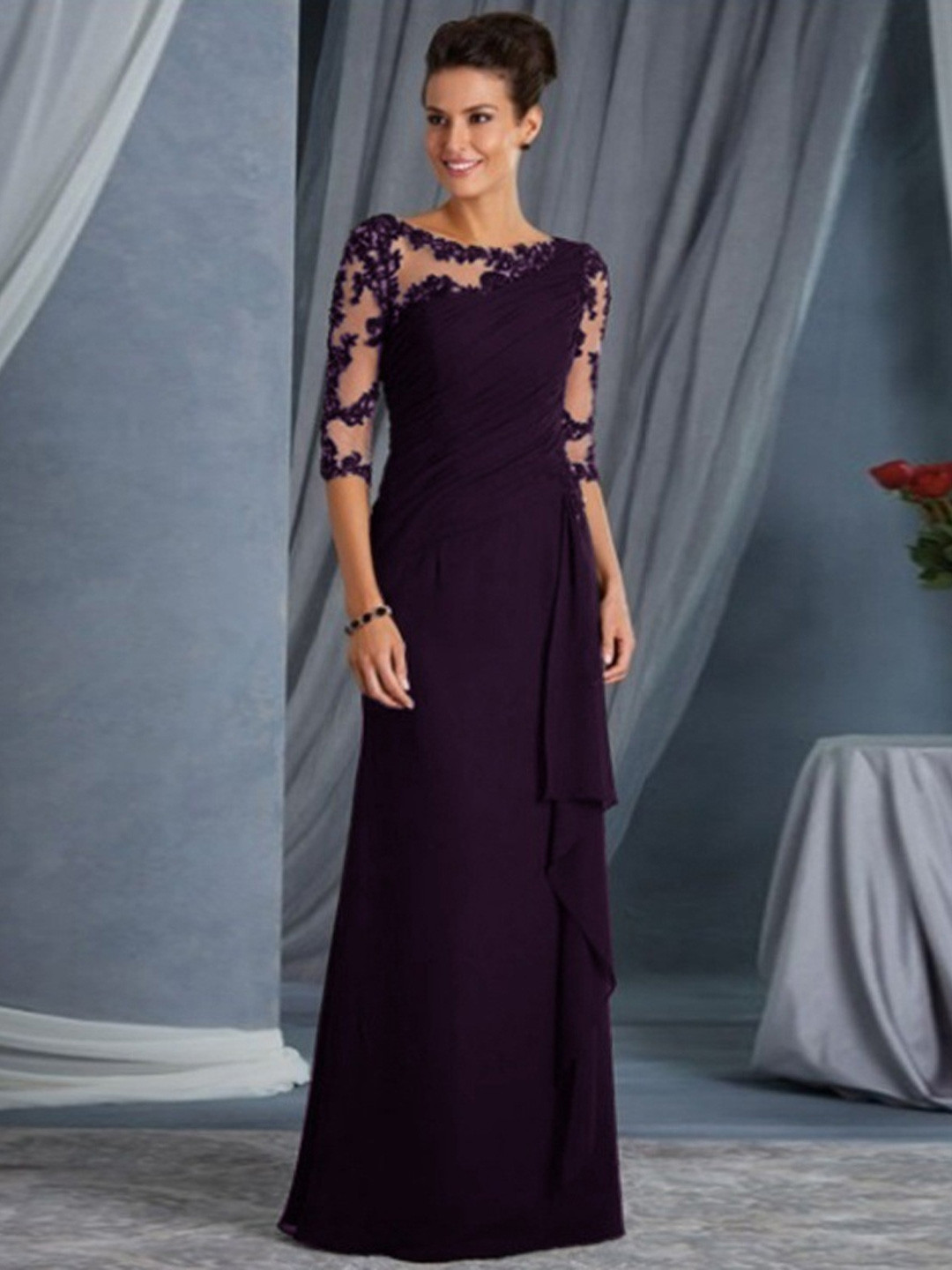 Elegant Purple Solid Maxi Dress with Lace Details