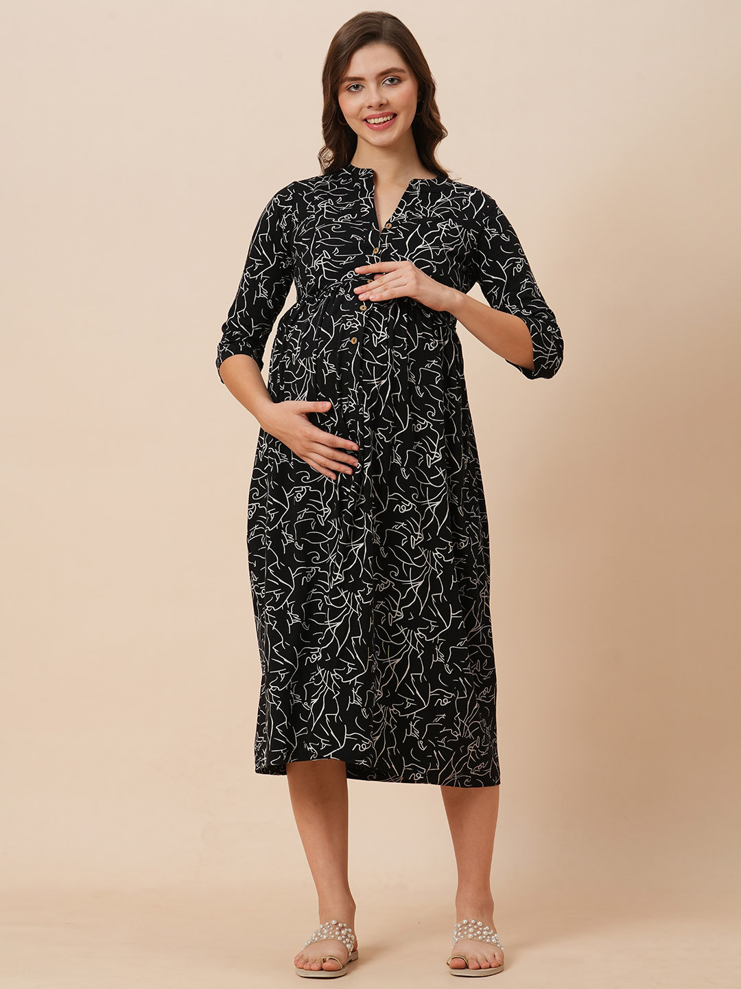 Inner Sense Printed Organic Cotton Mandarin Collar Maternity A-Line Midi Dress
