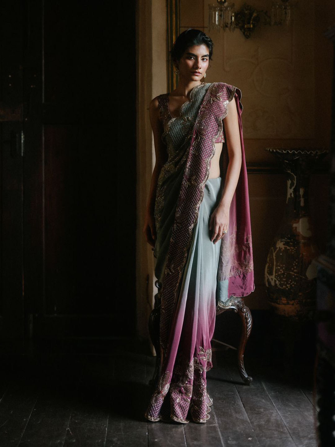 Geethika kanumilli Lily & Berry Embellished Ombre Saree With Blouse Piece