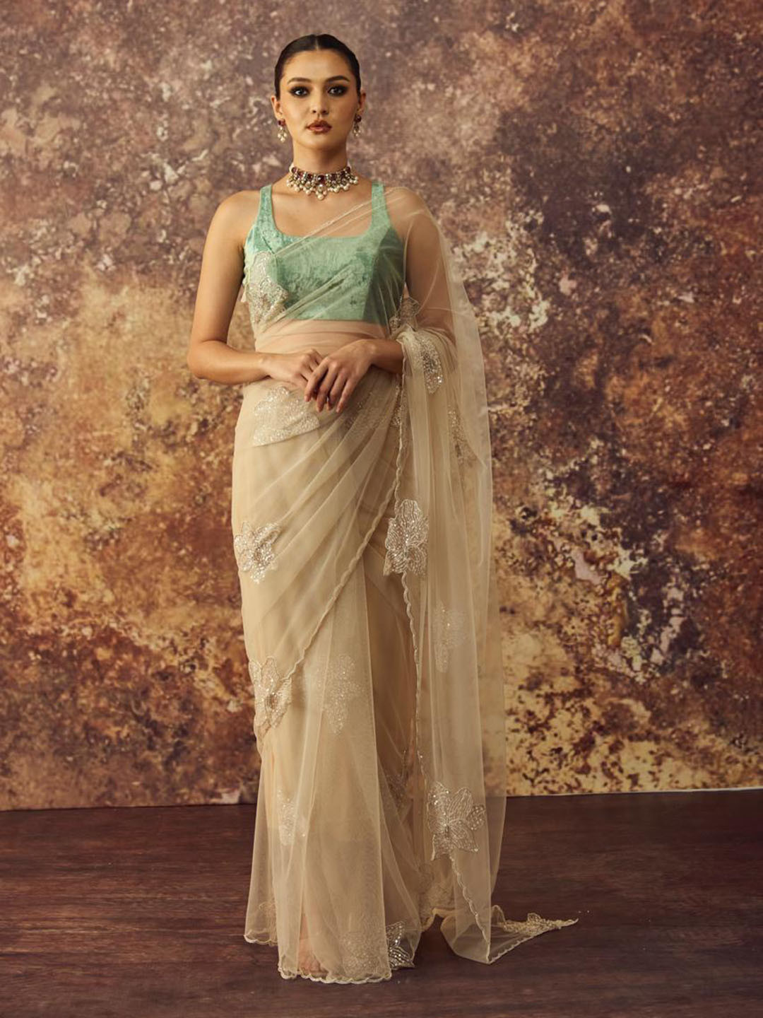 Geethika kanumilli Floral Beads and Stones Tulle Designer Saree