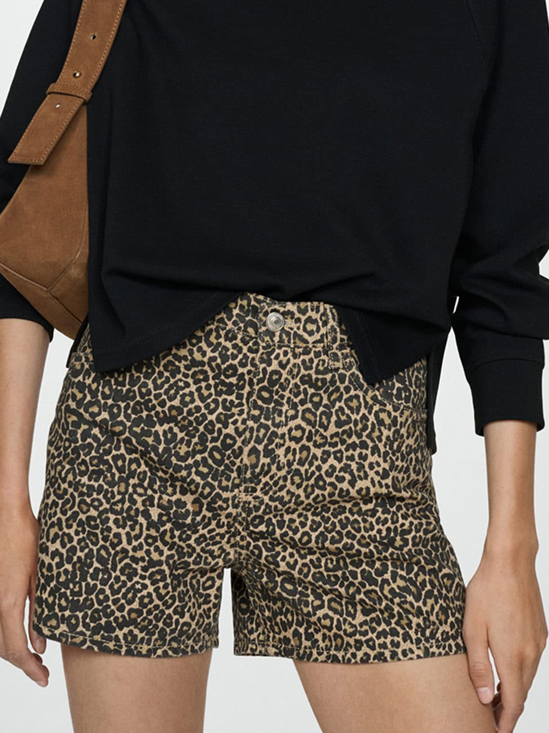 MANGO Women Leopard Printed Denim Shorts