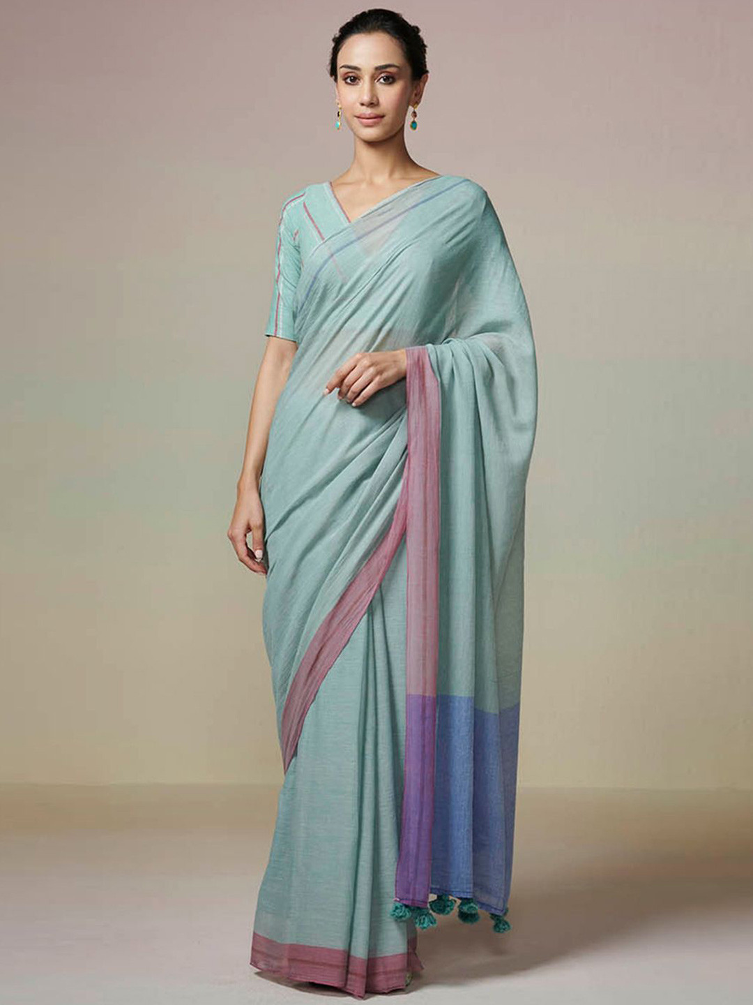 DRESSFOLK Handloom Cotton Blue Saree with darker blue palla