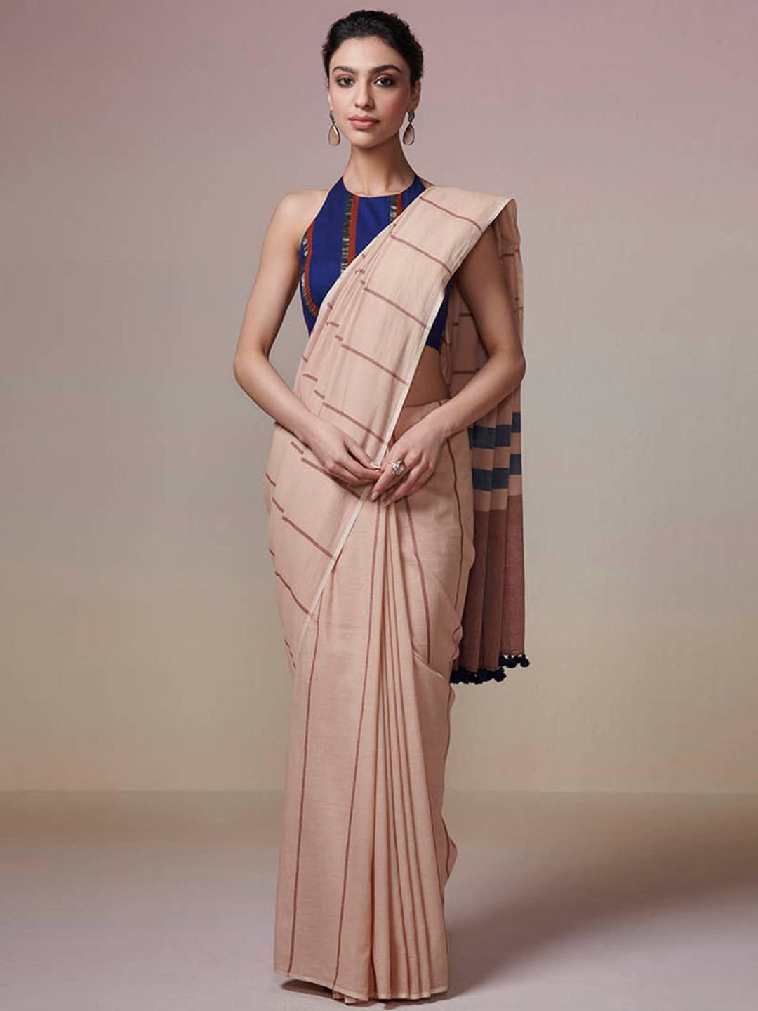 DRESSFOLK Handloom Cotton Beige Saree with brown and blue stripes