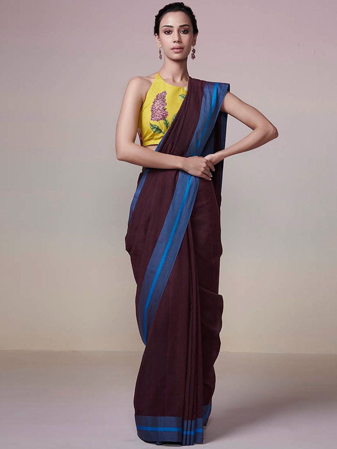 DRESSFOLK Handloom Cotton Burgandy Saree with blue border