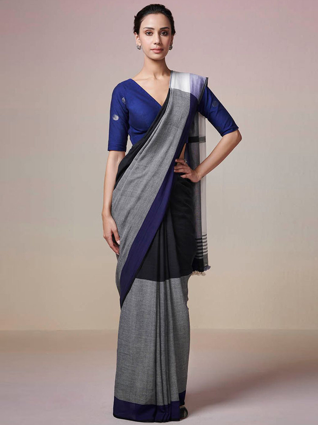 DRESSFOLK Handloom Cotton Black and blue Saree with ivory and grey palla
