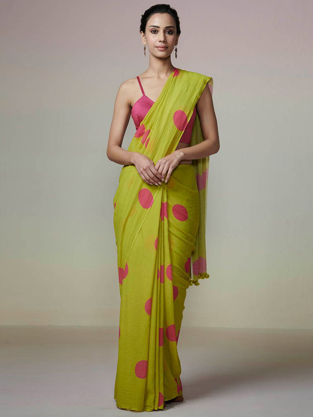 DRESSFOLK Handloom Cotton Lime Green saree with Pink Polka Dot
