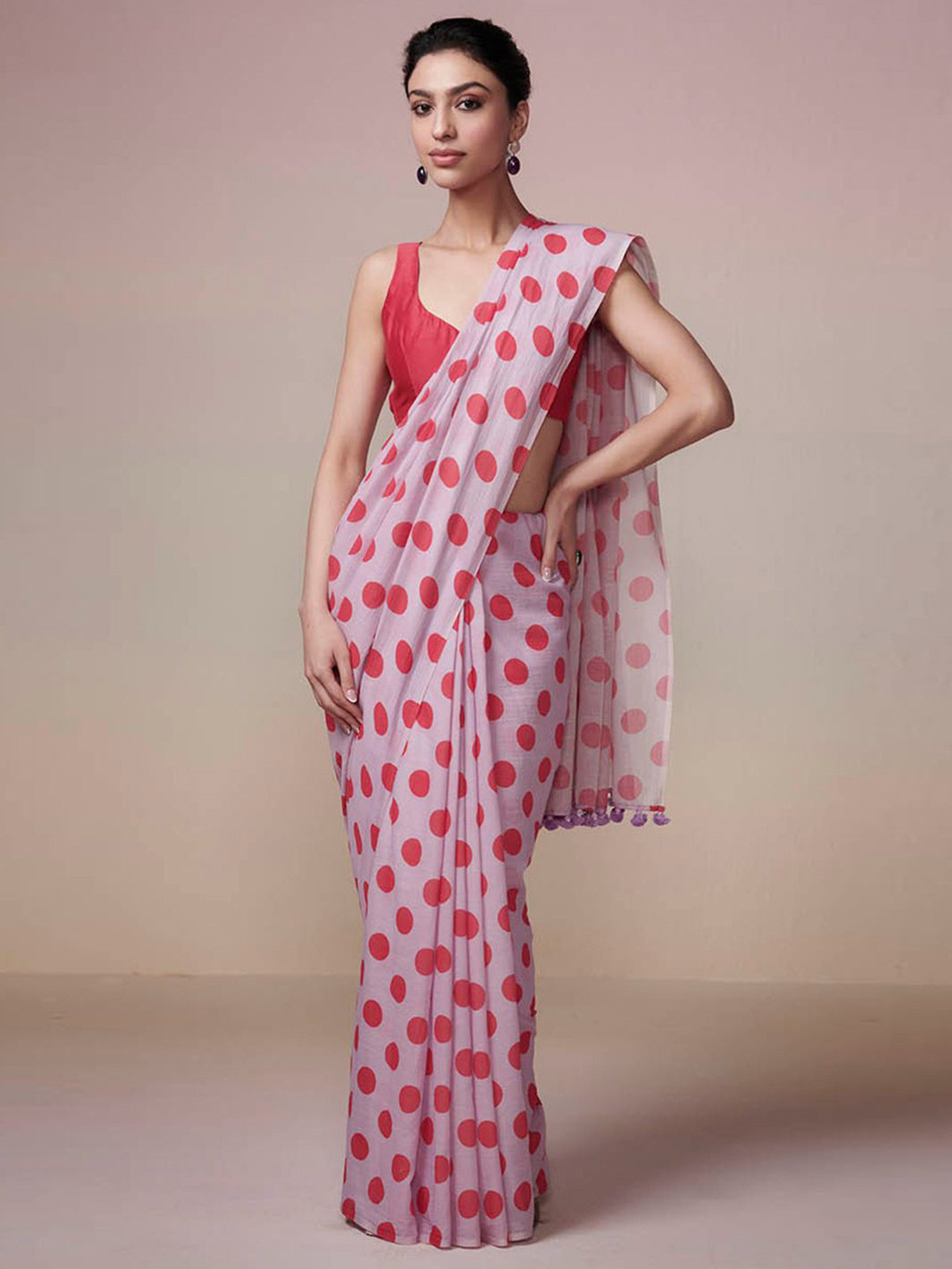 DRESSFOLK Handloom Cotton lavender saree with pink polka dot