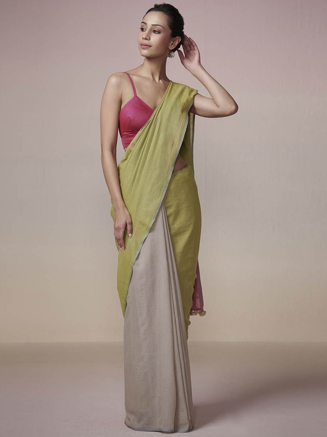DRESSFOLK Handloom Cotton Green and Grey Saree