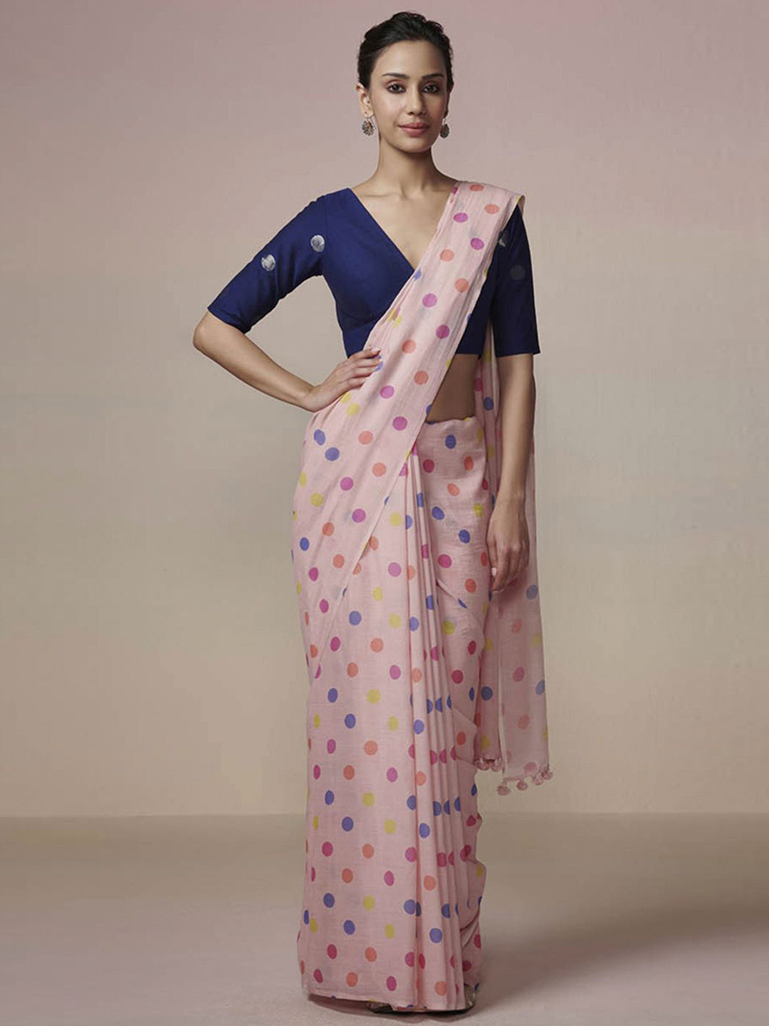 DRESSFOLK Handloom Cotton  Powder pink with multi color polkas saree