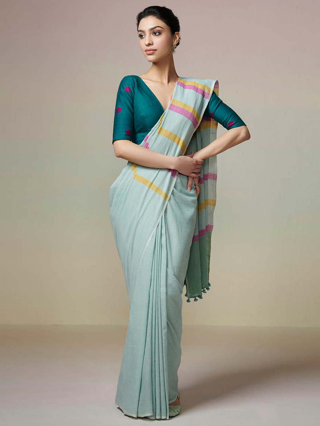 DRESSFOLK Handloom Cotton Pastel Green Saree with multi color stripes