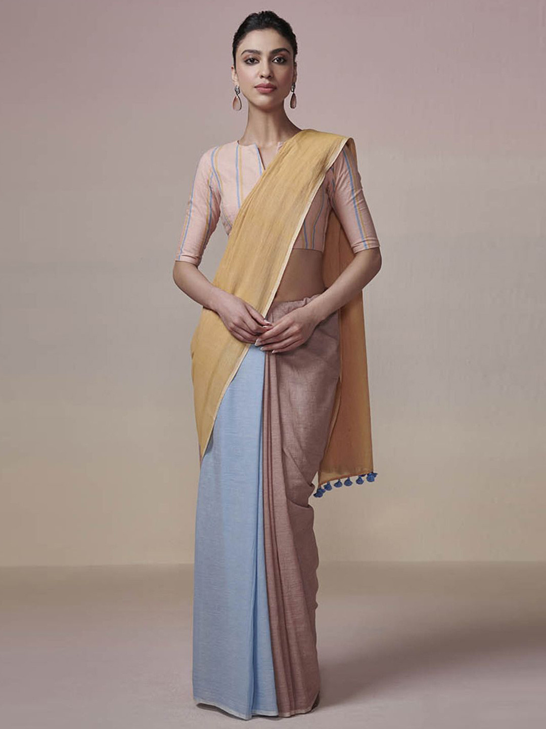 DRESSFOLK Handloom Cotton Blue light brown and yellow Saree