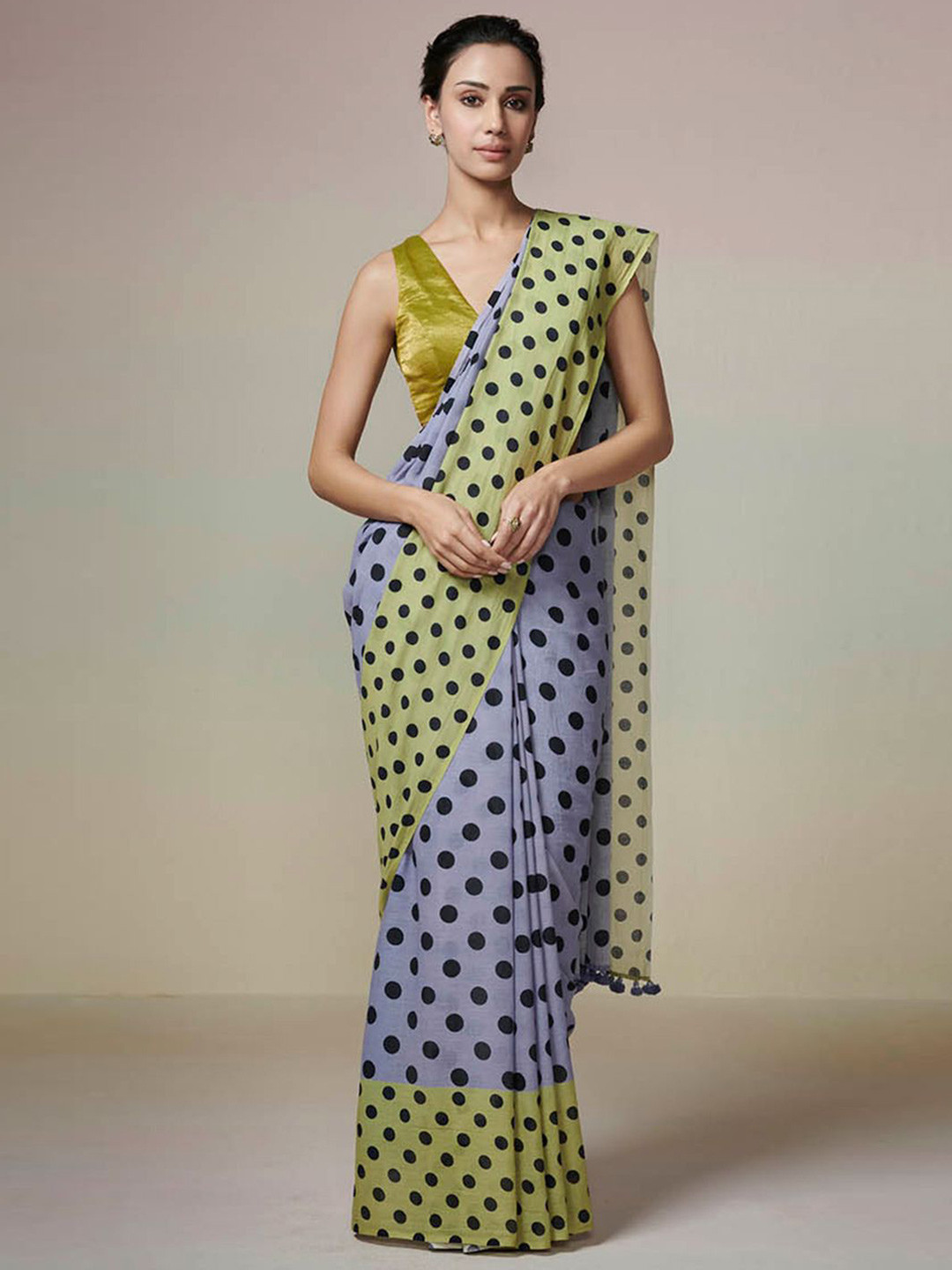DRESSFOLK Handloom Cotton Light purple and Lime green saree with black polka dot