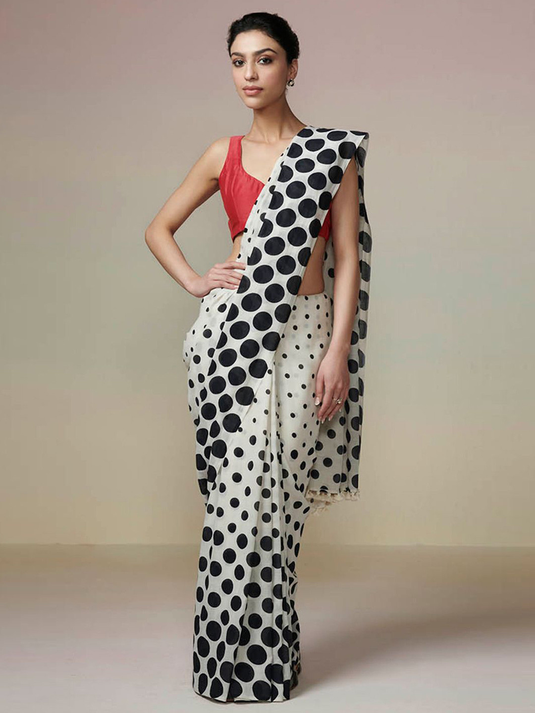 Dressfolk White and Black Cotton Saree with Unstitched Blouse Fabric