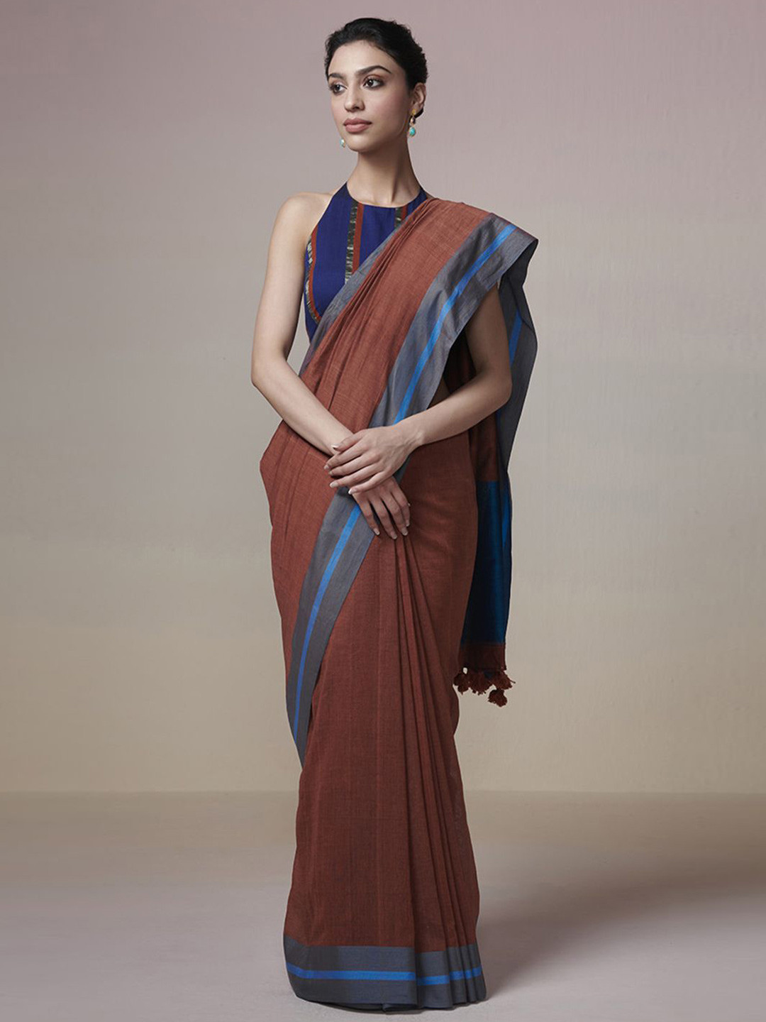 DRESSFOLK Handloom Cotton Rust Ornage with Blue Border Saree