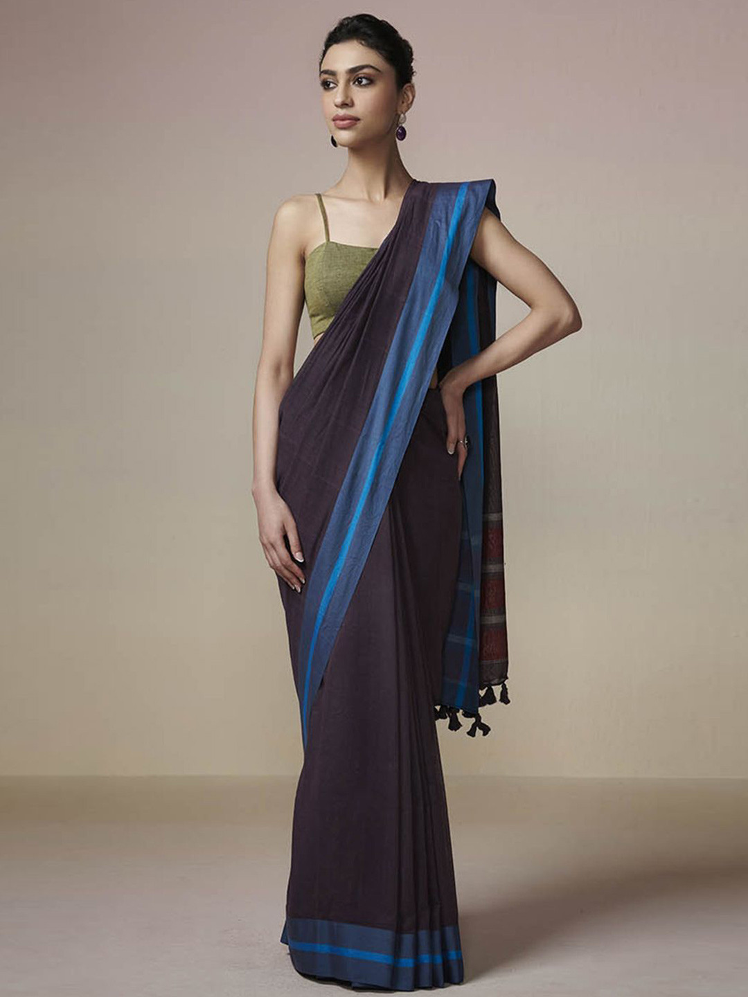 DRESSFOLK Handloom Cotton dark purple with blue border saree