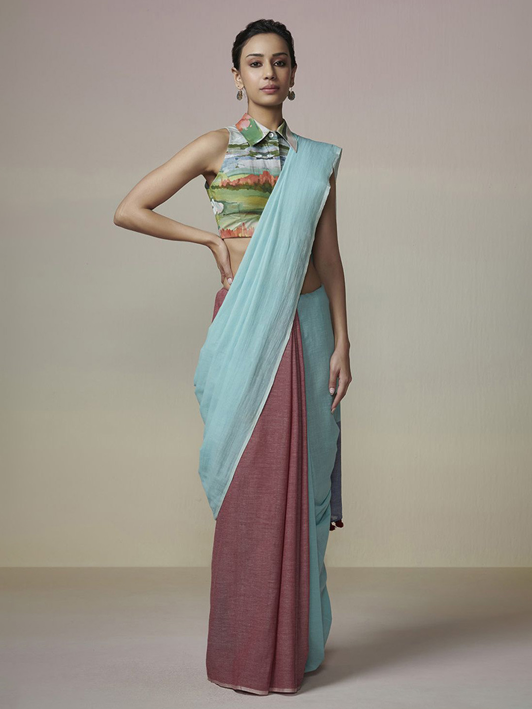 DRESSFOLK Handloom Cotton Earthy Blue and Earth Magenta Saree