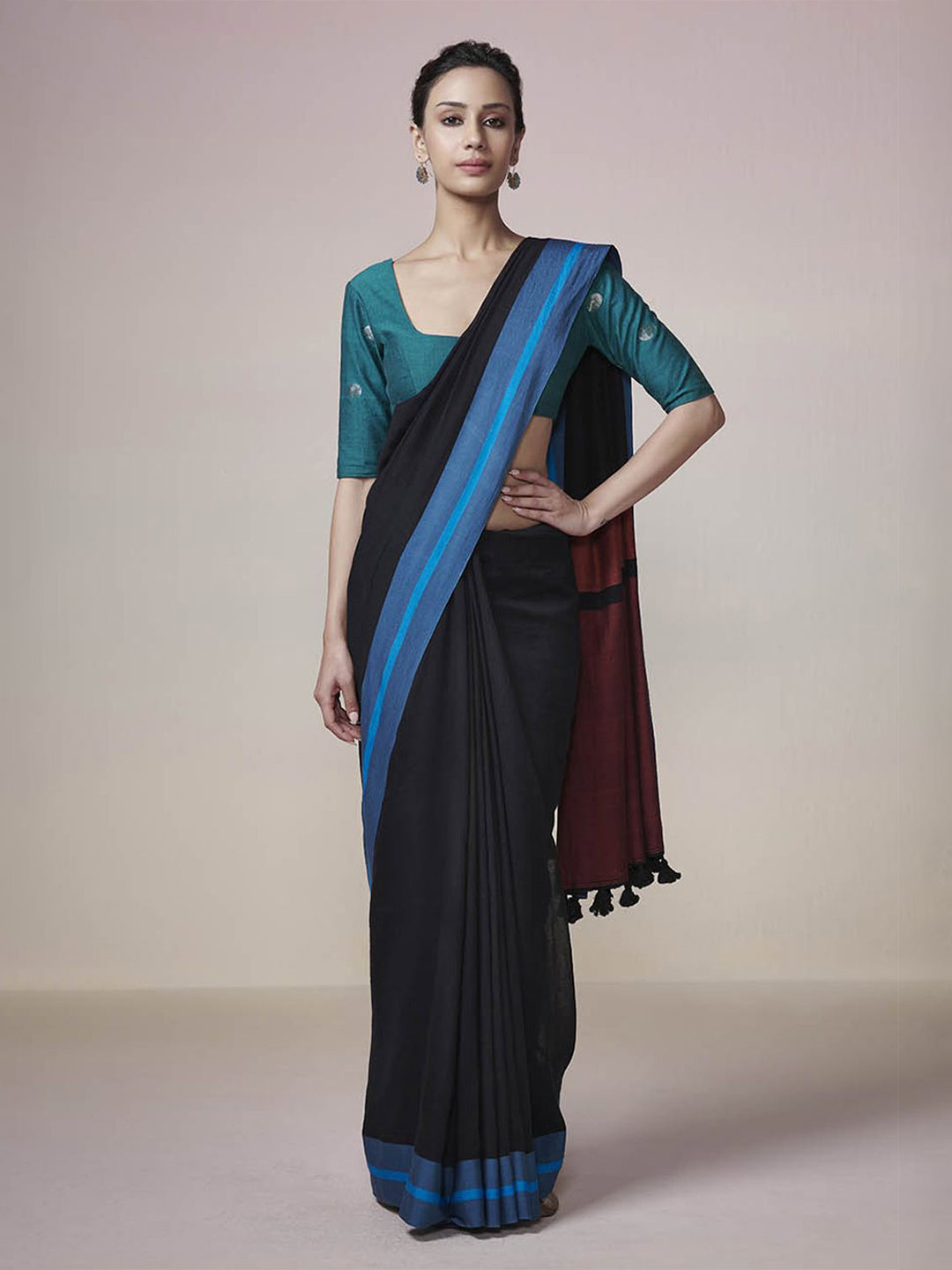 DRESSFOLK Handloom Cotton Black Saree with Orange and Maroon Border