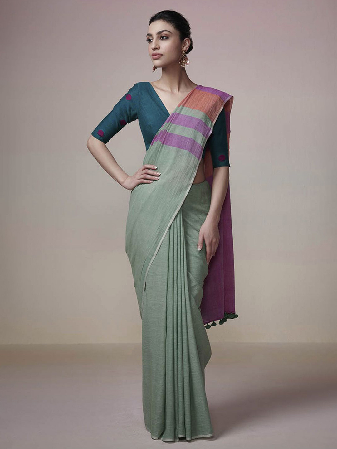 DRESSFOLK Handloom Cotton Green Saree with Magenta and Orange Stripe