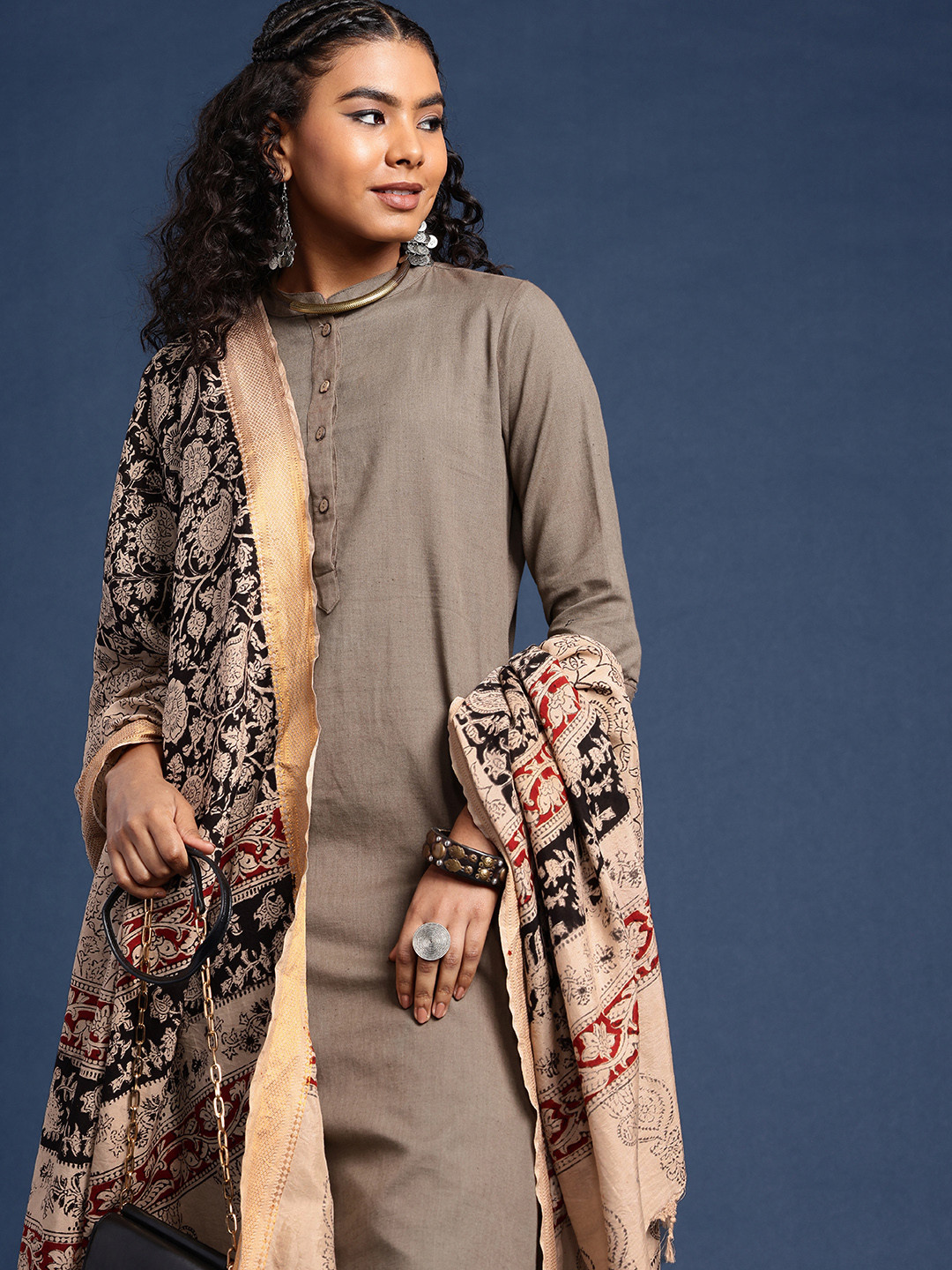 Taavi Hand Block Printed Kalamkari Dupatta with Zari