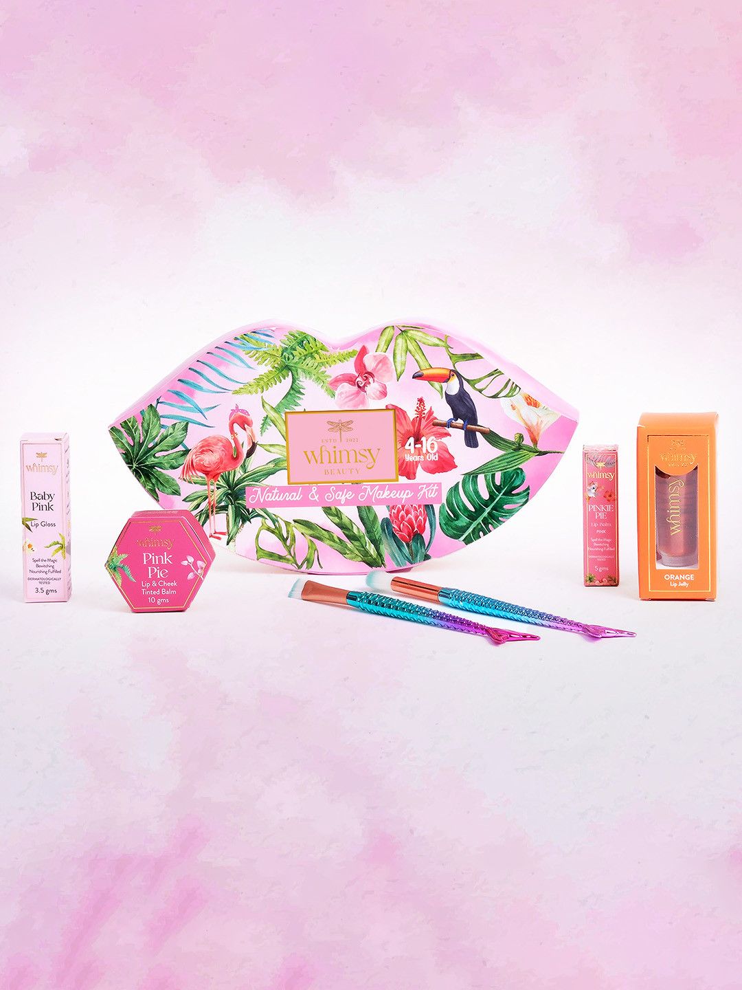 Whimsy Beauty Set Of 8 Lip Balm, Lip & Cheek Tinted Balm, Lip Gloss, Hair Band & Brushes