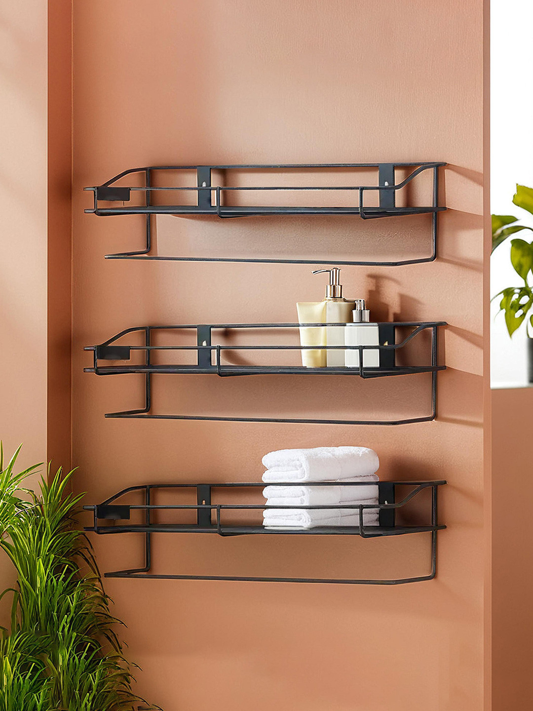 Kuber Industries Black 3 Pieces Metal Shelf Storage Rack for Wall