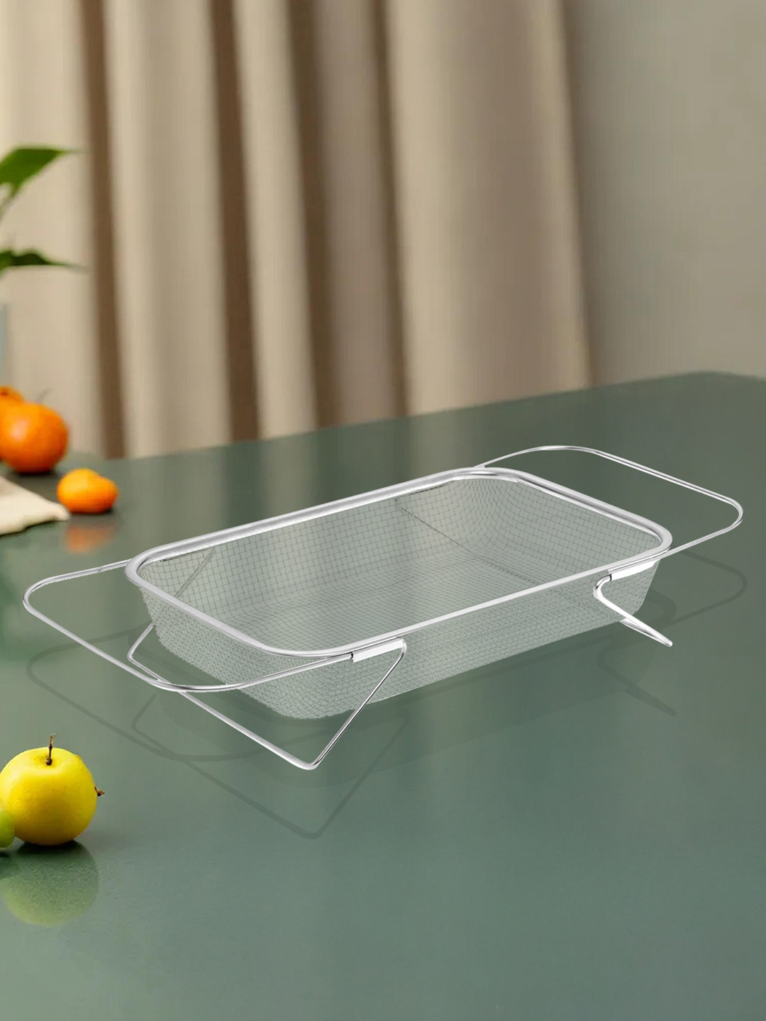 Kuber Industries Silver Toned Stainless Steel 2-in-1 Strainer Stand & Handle Fruit Basket