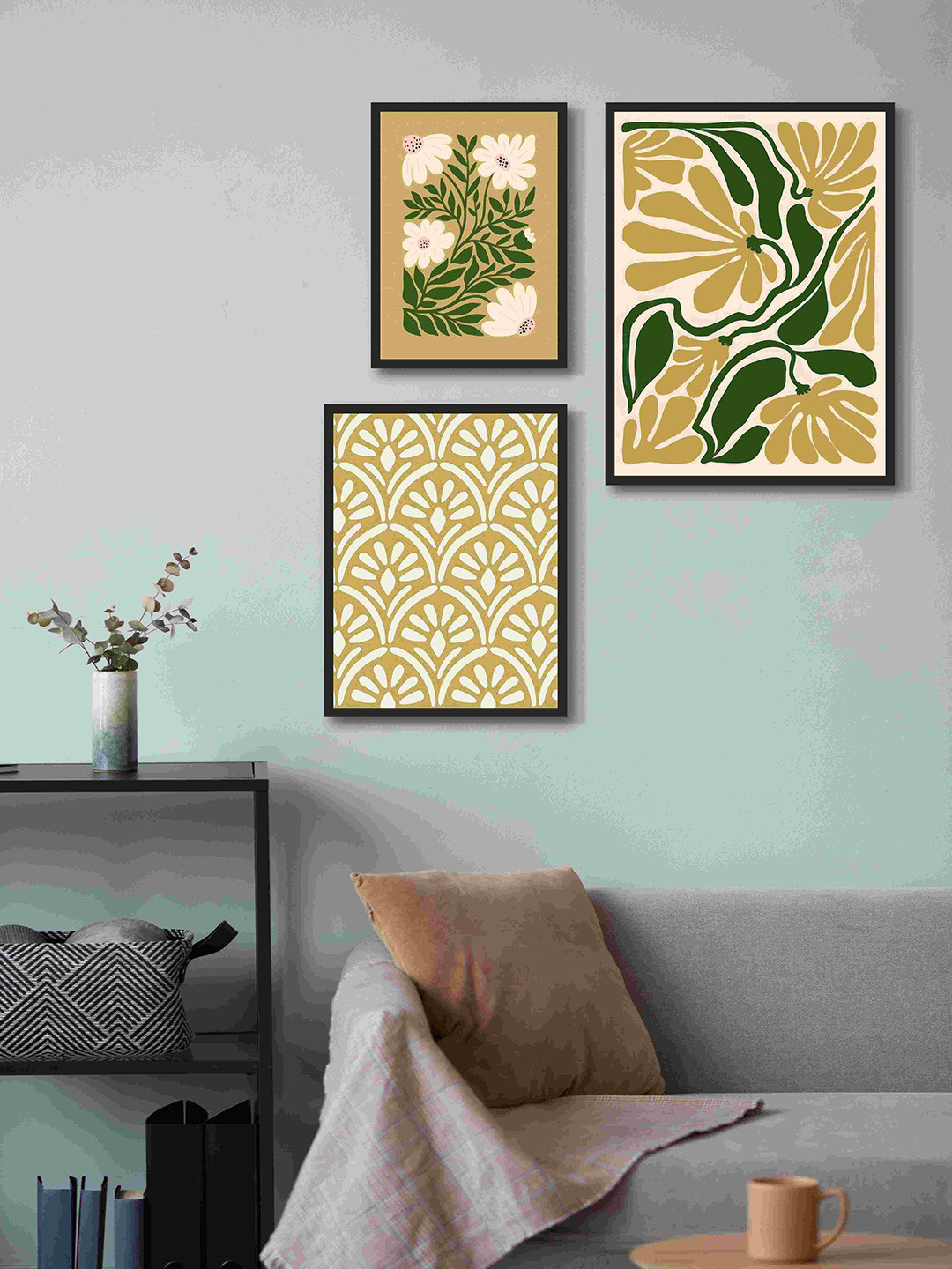 999Store Green Leaf With Flower Canvas 3 Piece Wall Rectangle Paintings Wall Art