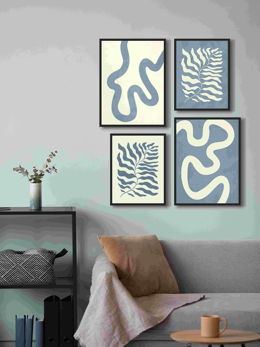 999Store Teal & Cream Coloured 4 Pieces Line Art Fiber Framed Canvas Painting Wall Art