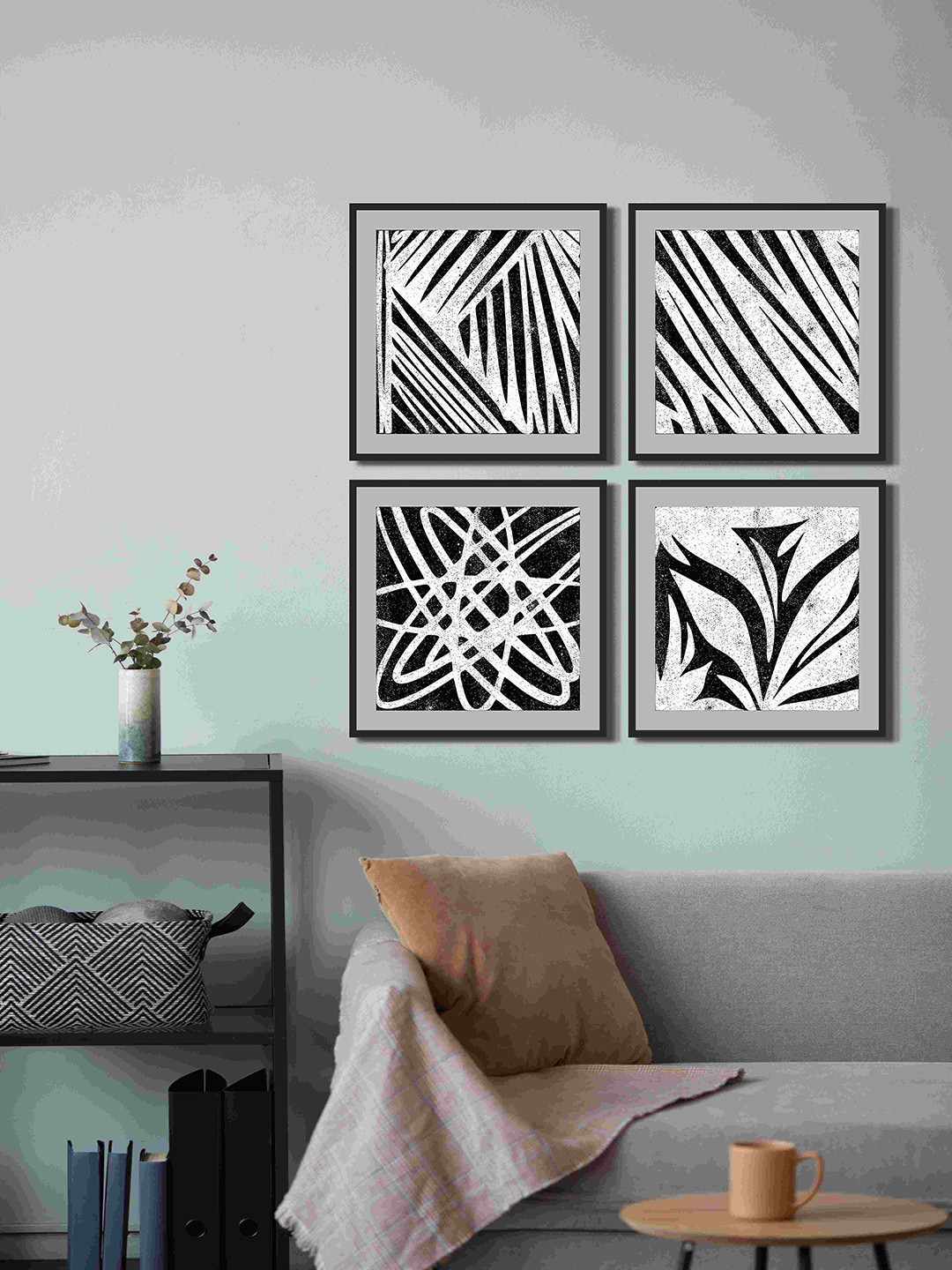 999Store Black & White 4 Pieces Stripe Line Art Fiber Framed Canvas Painting Wall Art