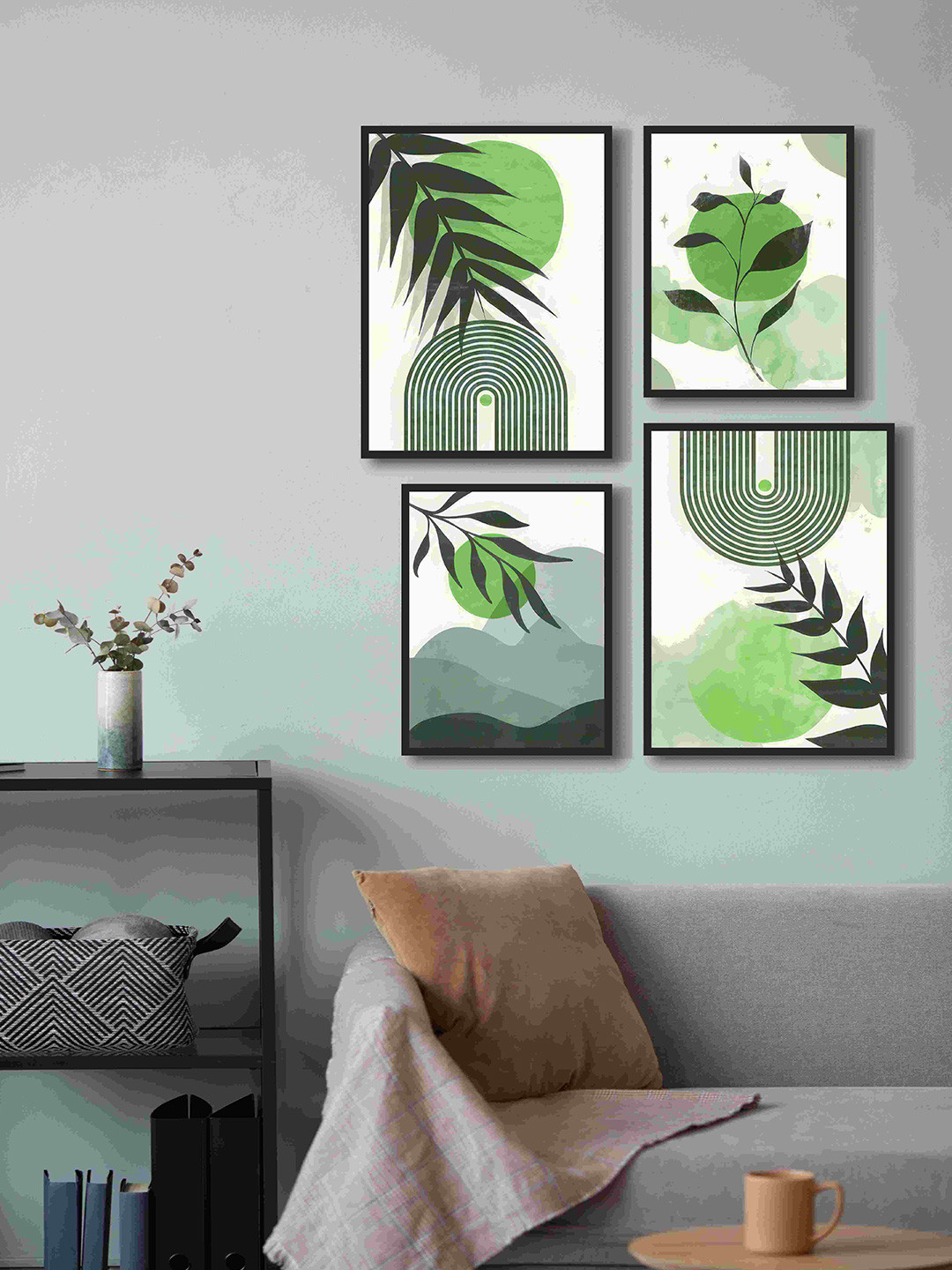 999Store Green Sun With Leaf And Boho Canvas 4 Piece Paintings Wall Art-16 x 12In
