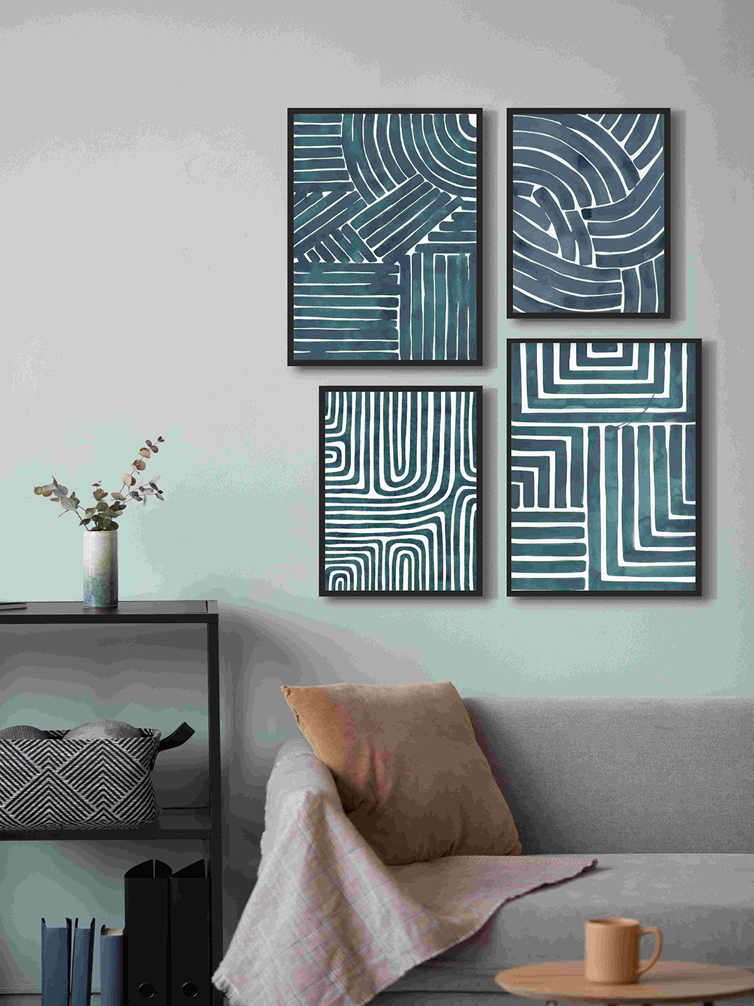 999Store Teal Green 4 Pieces Geometric Fiber Framed Canvas Painting Wall Art