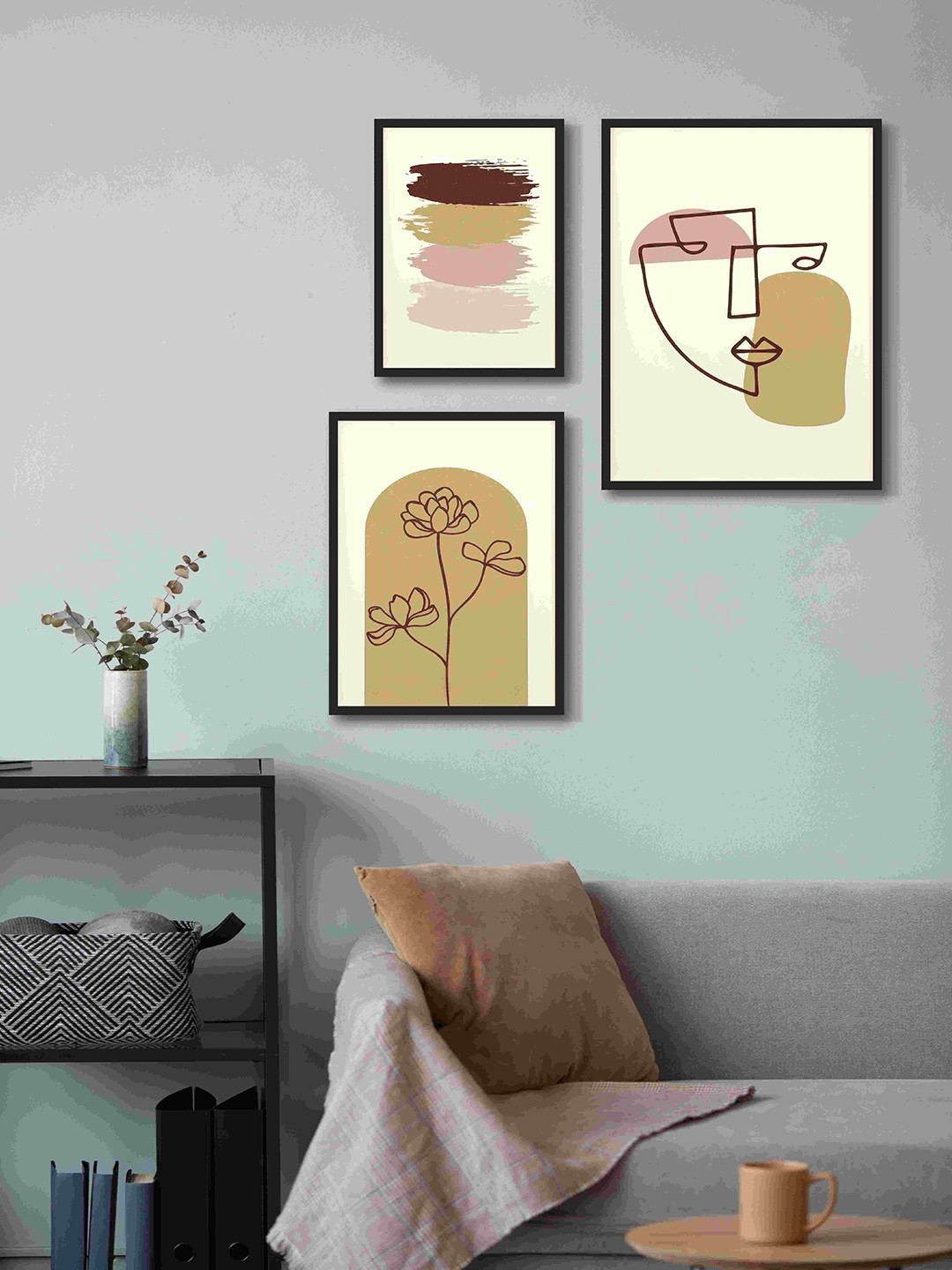 999Store Cream-Coloured & Pink 3 Pieces Abstract Fiber Framed Canvas Painting Wall Art