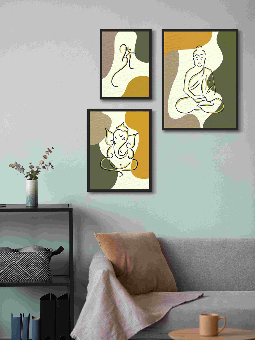 999Store Lord Buddha With Ganesha & Om Canvas 3 Piece Wall Rectangle Paintings Wall Art
