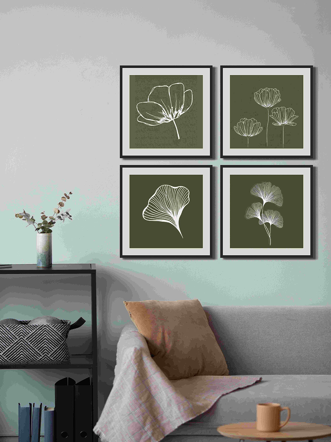 999Store Flower Line Art With Bohemian Canvas 4 Pcs Square Wall Art - 13.77x13.77In