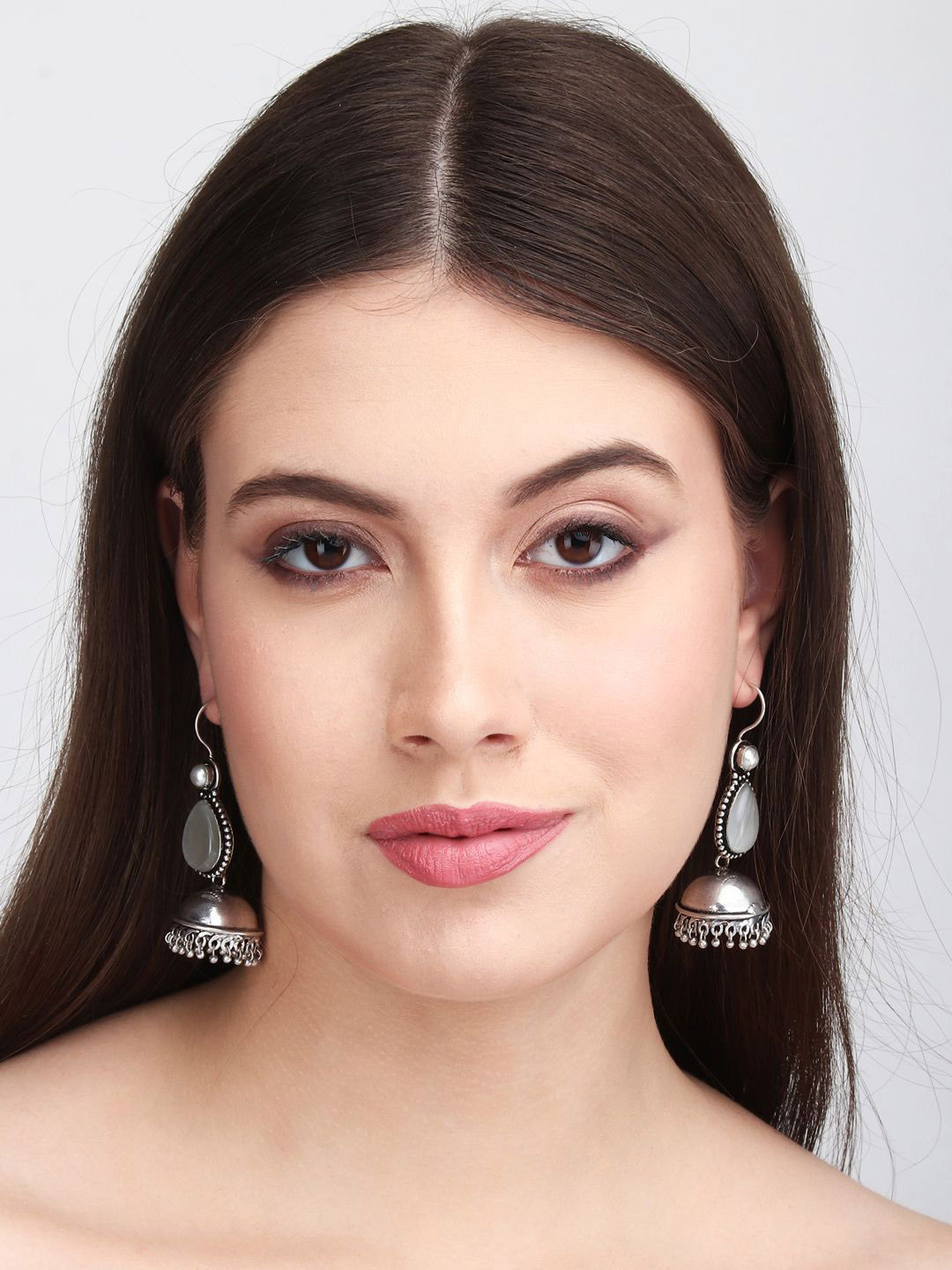 Anvik Silver Plated Artificial Stones Dome Shape Jhumkas