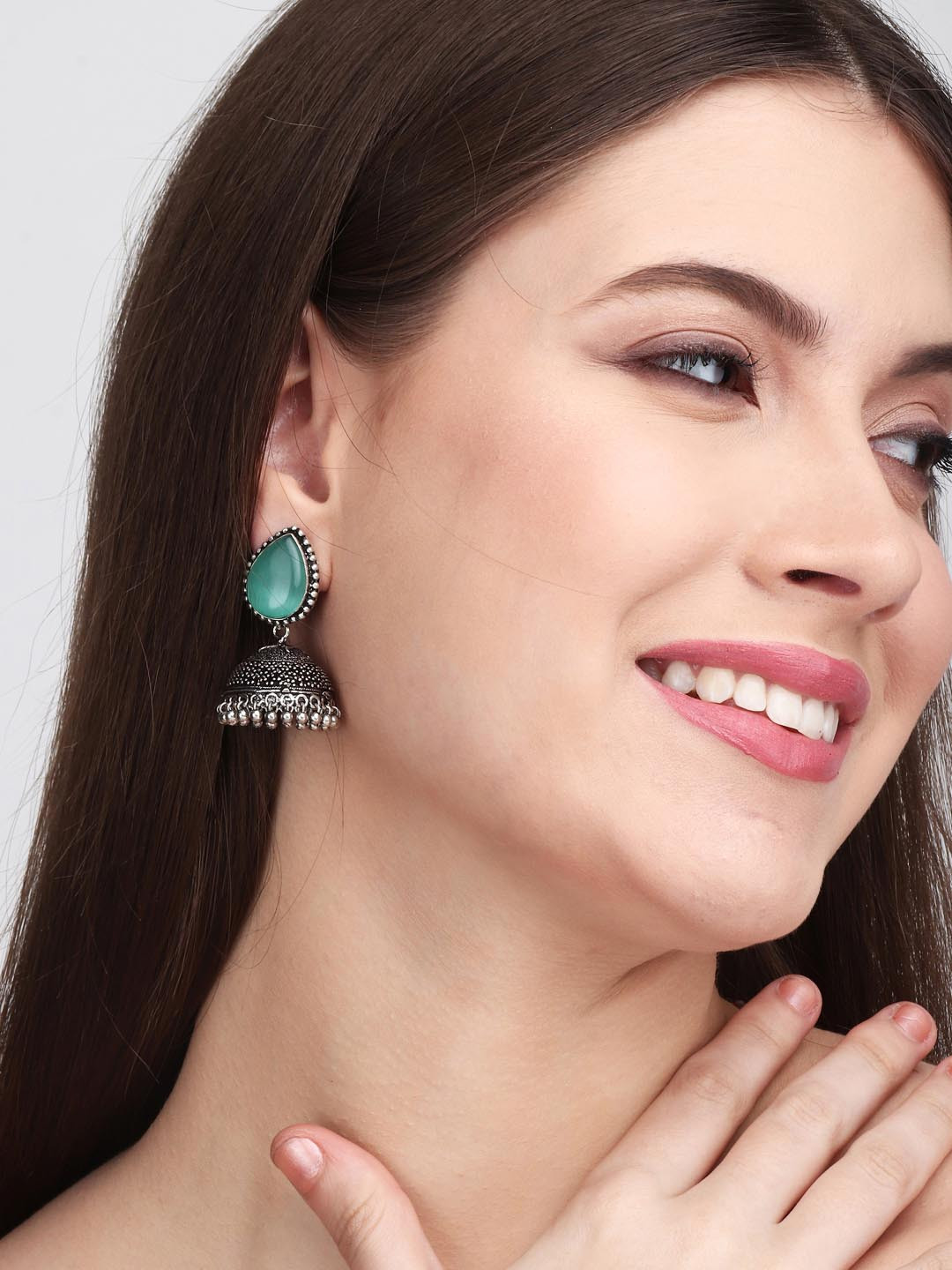 Anvik Silver Plated Artificial Stones Jhumkas