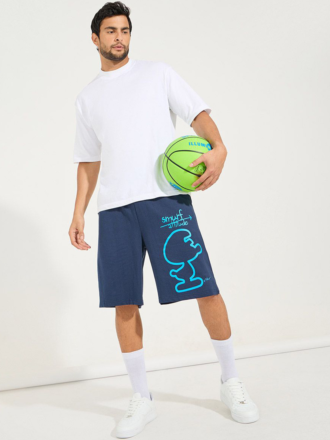 Styli Men Navy Blue Smurfs Mid-Rise Pure Cotton Oversized Terry Shorts