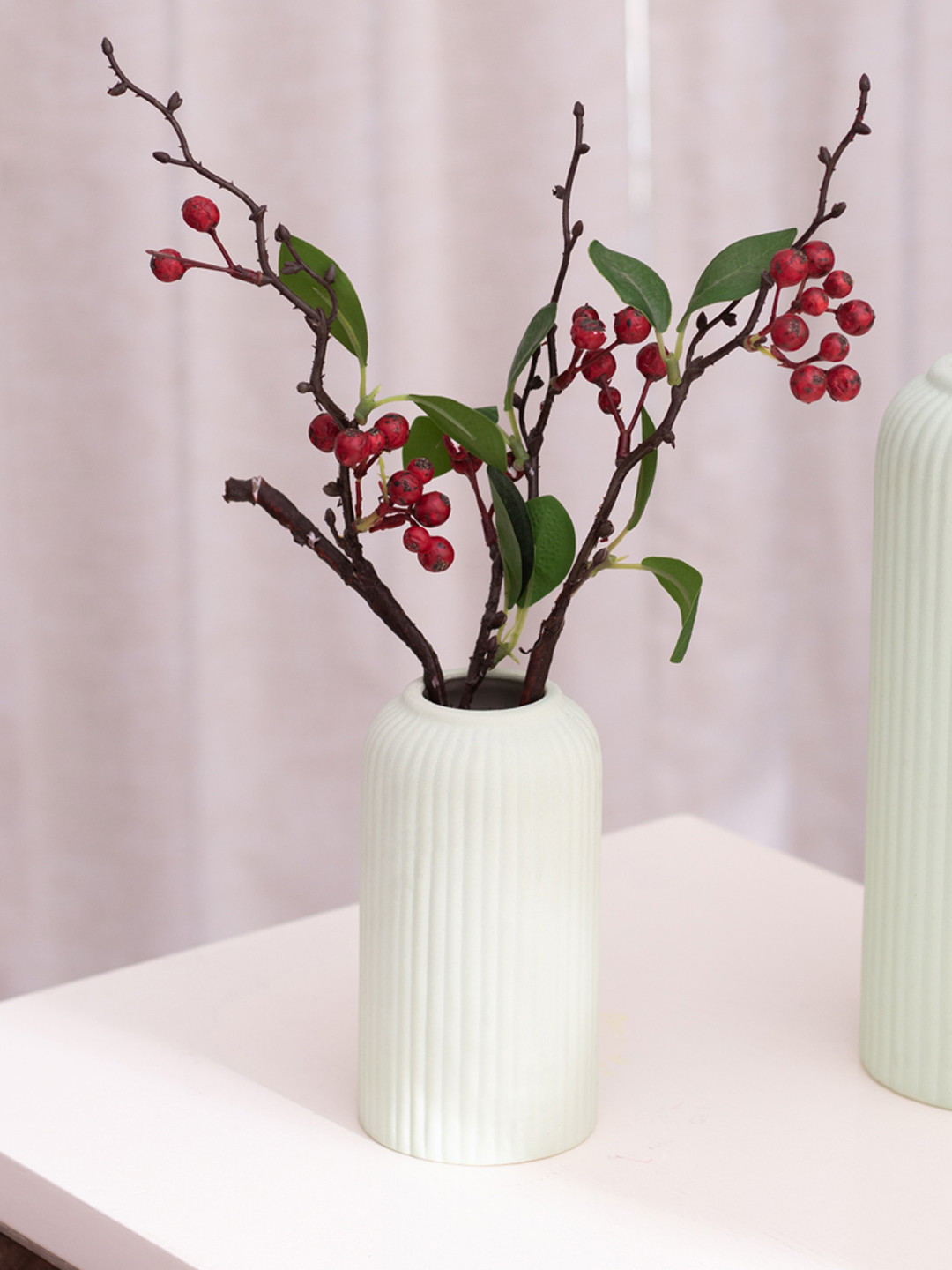 The Decor Mantra Green Textured Ceramic Cylindrical Shaped Flower Vase