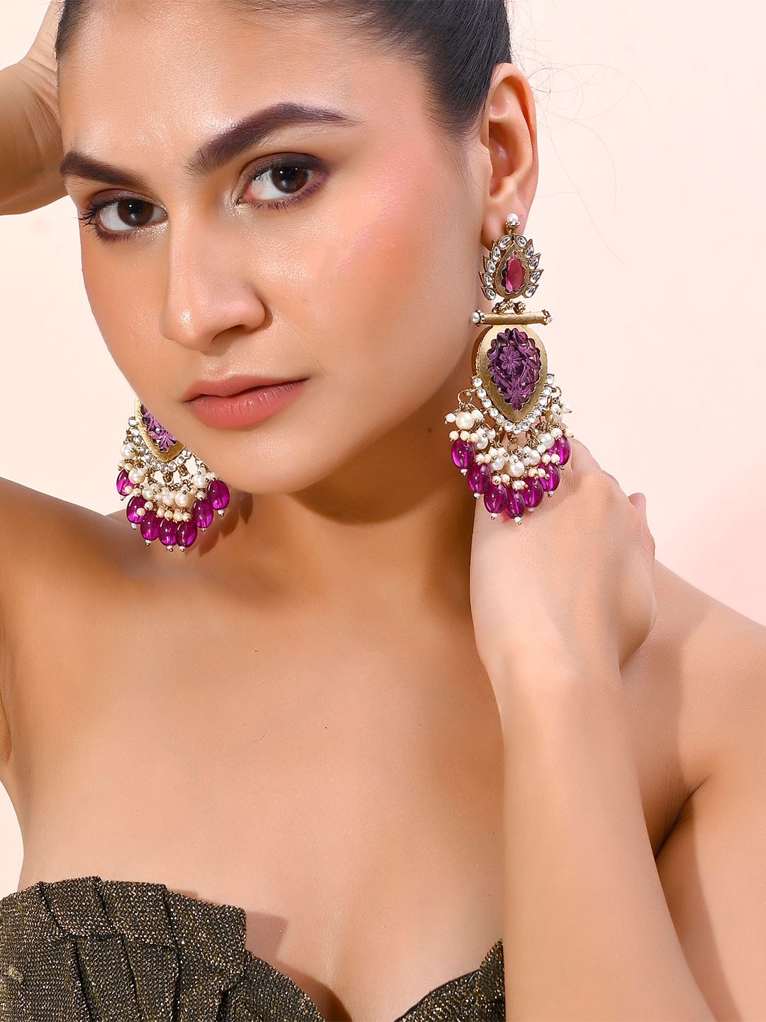 VOJ Stainless Steel Gold Plated Stones Studded & Beaded Statement Chandbalis