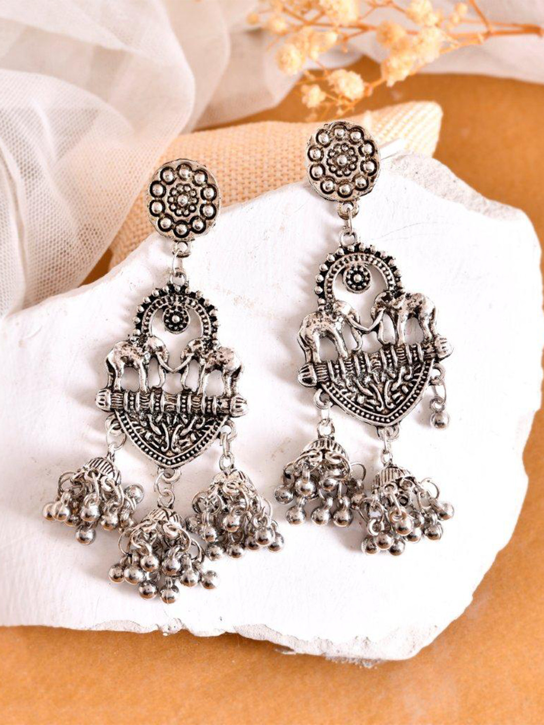 VOJ Silver-Plated Stainless Steel Elephant Oxidized Contemporary Shaped Drop Earrings