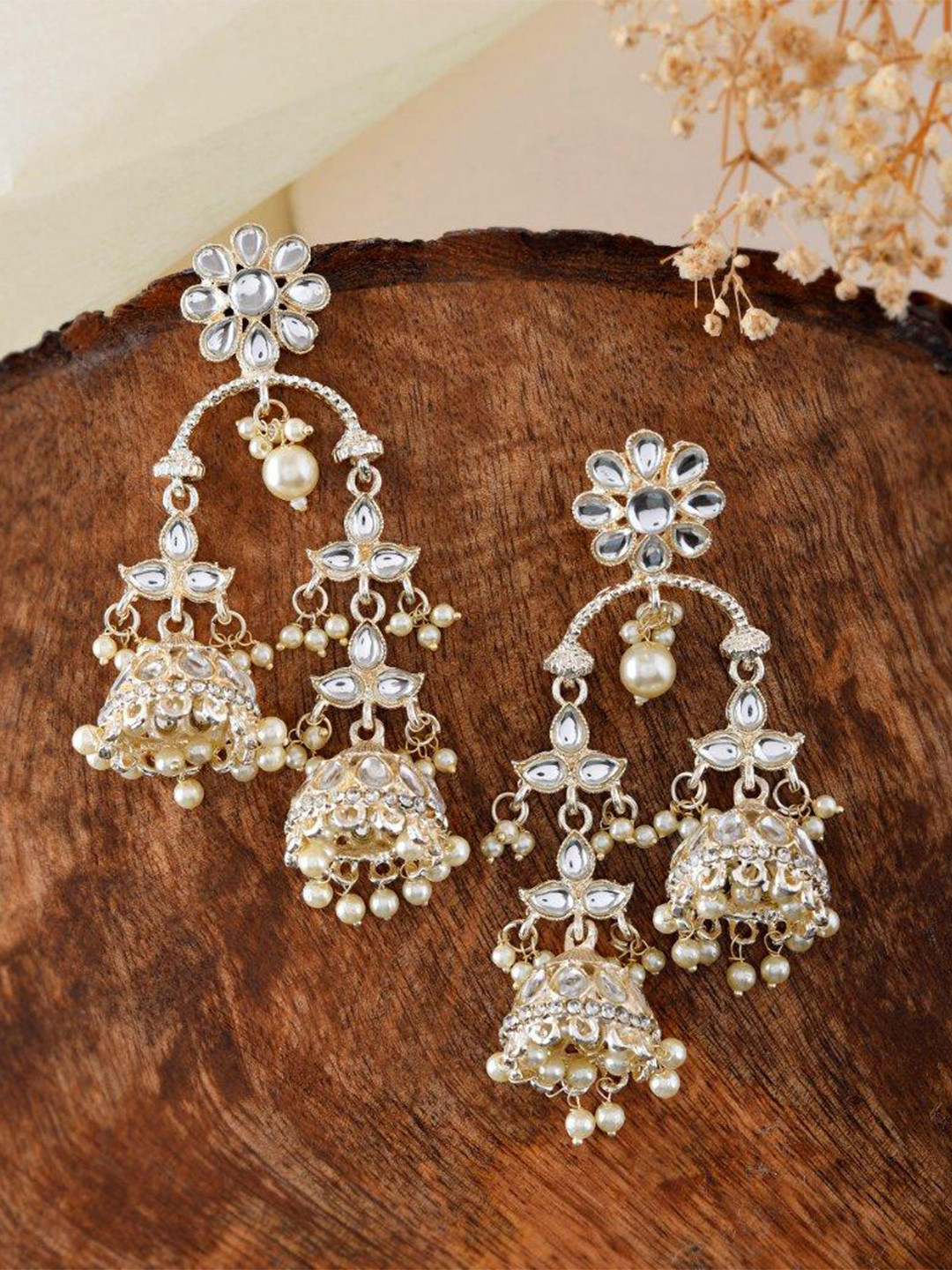 VOJ Gold-Plated Stainless Steel Stone Studded & Beaded Up & Down Jhumkas