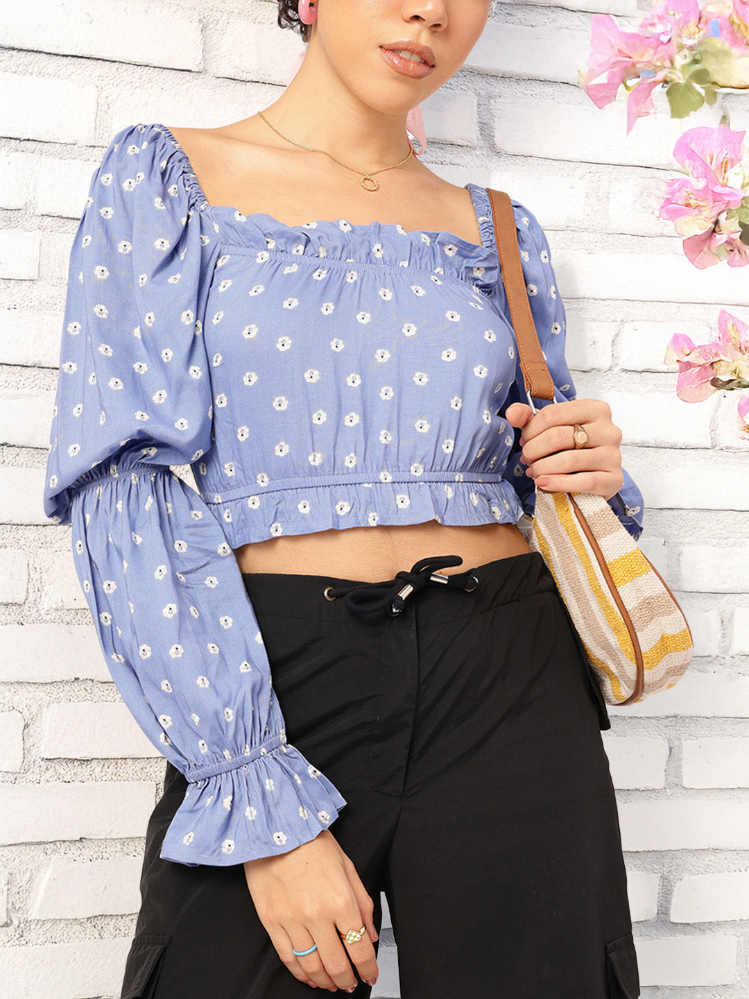 DressBerry Floral Ruffle Trims Blouson Top