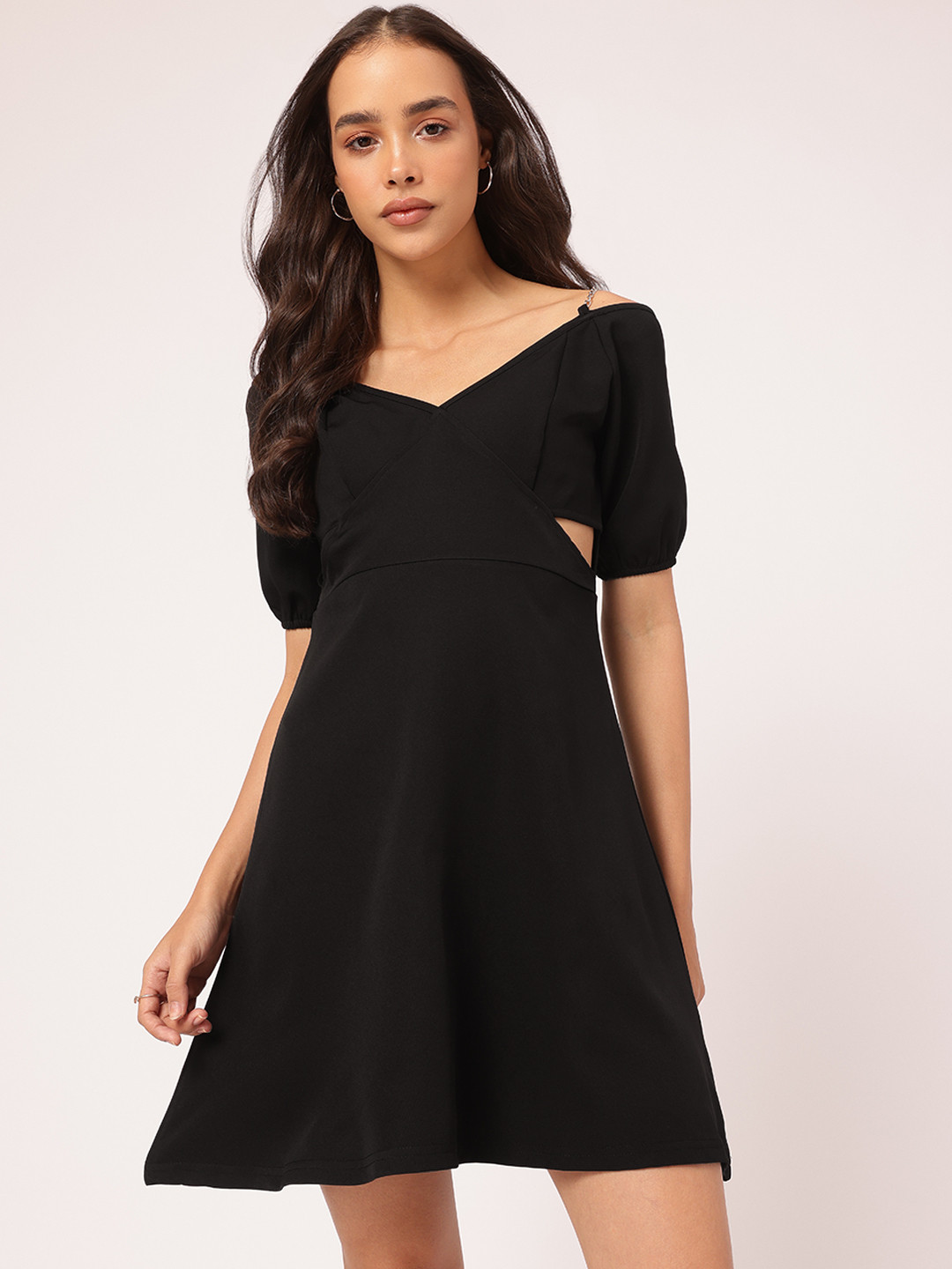 DressBerry Strap Detail Puff Sleeve Cut-Out A-Line Mini Dress