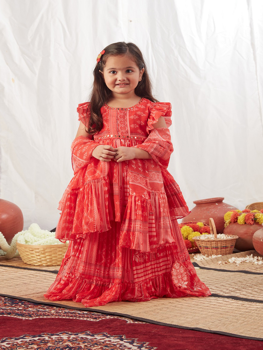 Vivedkids Girls Block Printed Mirror Work Ready to Wear Lehenga & Blouse With Dupatta